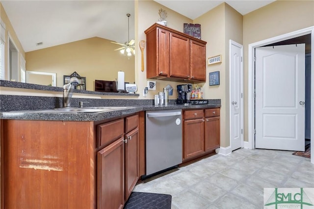 1212 Peacock Trl, Hinesville, GA 31313 - kitchen featuring ceiling fan, brown cabinetry, vaulted ceiling, dishwasher, and a sink