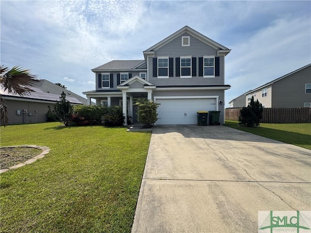 view of front of house featuring fence, a front yard, driveway, and a garage
