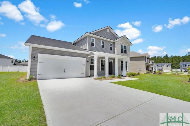 view of front of property with a garage, a front lawn, fence, and concrete driveway
