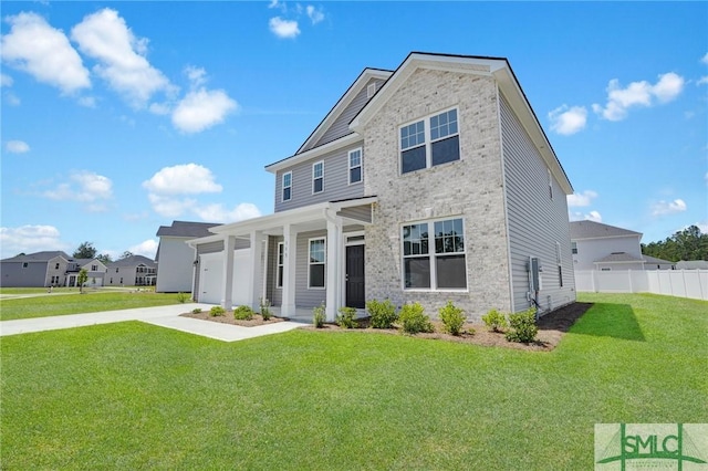 back of house with concrete driveway, a lawn, an attached garage, and fence