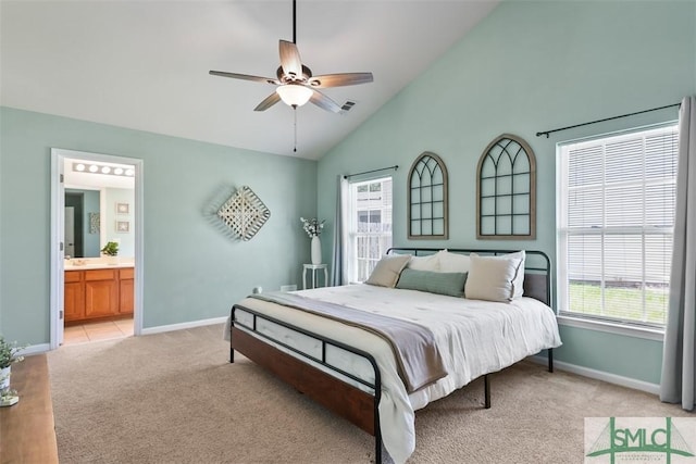 76 Hamilton Grove Dr, Pooler, GA 31322 - bedroom featuring a ceiling fan, baseboards, high vaulted ceiling, ensuite bathroom, and light carpet