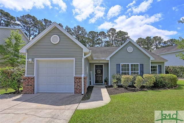 76 Hamilton Grove Dr, Pooler, GA 31322 - ranch-style home featuring concrete driveway, brick siding, a front yard, and a garage