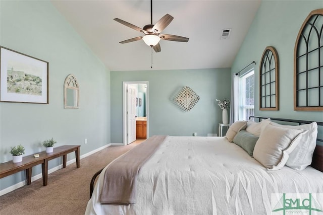 76 Hamilton Grove Dr, Pooler, GA 31322 - bedroom with visible vents, vaulted ceiling, baseboards, connected bathroom, and carpet