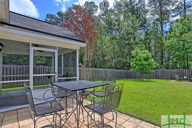 76 Hamilton Grove Dr, Pooler, GA 31322 - view of patio / terrace with a sunroom, a fenced backyard, a ceiling fan, and outdoor dining space