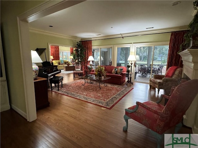 31 Sweetgum Xing, Savannah, GA 31411 - living room with crown molding, wood finished floors, healthy amount of natural light, and a fireplace