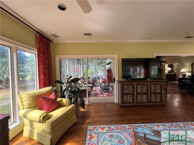 31 Sweetgum Xing, Savannah, GA 31411 - living room featuring ornamental molding, wood finished floors, and a ceiling fan