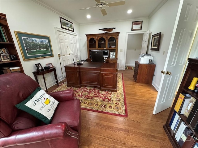 31 Sweetgum Xing, Savannah, GA 31411 - office area with wood finished floors, a ceiling fan, crown molding, and recessed lighting