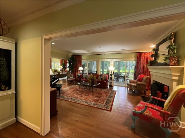 31 Sweetgum Xing, Savannah, GA 31411 - living room featuring ornamental molding, wood finished floors, and a fireplace