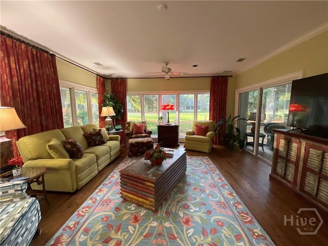 31 Sweetgum Xing, Savannah, GA 31411 - living area featuring ornamental molding, wood finished floors, ceiling fan, and plenty of natural light