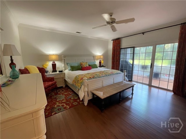 31 Sweetgum Xing, Savannah, GA 31411 - bedroom with access to exterior, dark wood finished floors, a ceiling fan, and ornamental molding