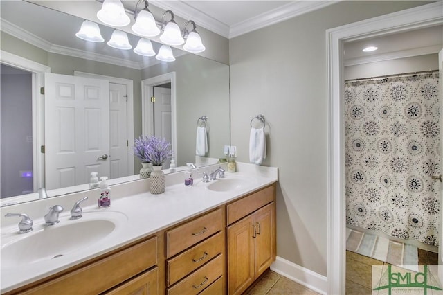 full bathroom with a sink, tile patterned flooring, double vanity, and curtained shower