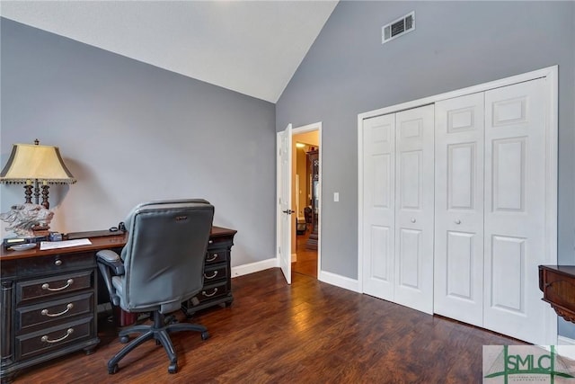 office with high vaulted ceiling, baseboards, dark wood-type flooring, and visible vents