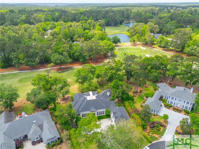 birds eye view of property featuring a water view, a residential view, and golf course view