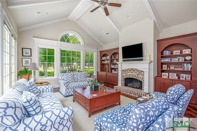 living area featuring carpet flooring, ceiling fan, beam ceiling, a fireplace, and visible vents
