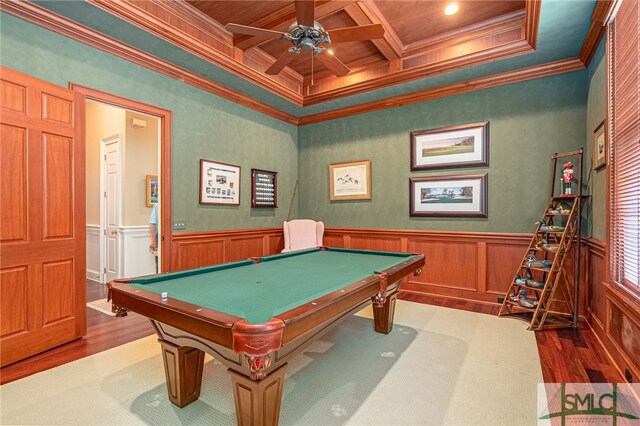game room with crown molding, coffered ceiling, and wood finished floors