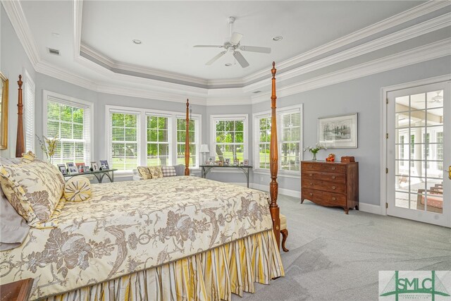 bedroom with visible vents, crown molding, baseboards, ceiling fan, and carpet