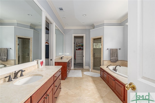 full bathroom featuring a garden tub, a sink, a spacious closet, and a shower stall