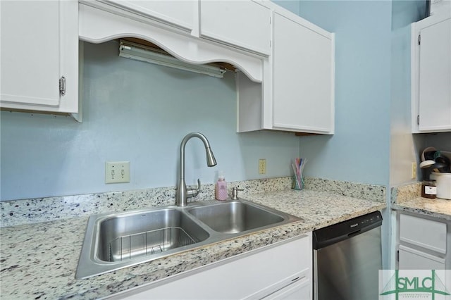 121 Pelican Ln, Richmond Hill, GA 31324 - kitchen featuring a sink, light stone counters, white cabinets, and stainless steel dishwasher