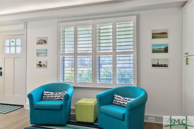 sitting room with baseboards and wood finished floors