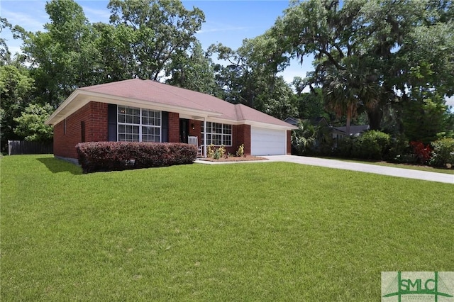 single story home featuring brick siding, an attached garage, driveway, and a front lawn