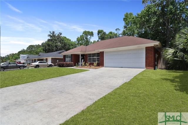 ranch-style home with an attached garage, driveway, brick siding, and a front yard