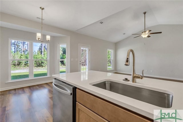 291 Cromer St, Savannah, GA 31407 - kitchen featuring stainless steel dishwasher, lofted ceiling, dark wood-type flooring, light countertops, and a sink