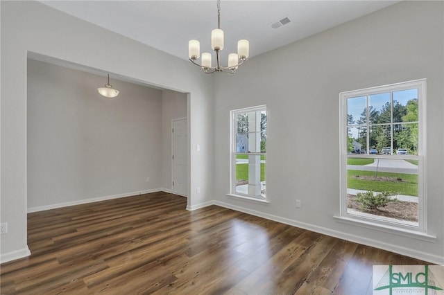 291 Cromer St, Savannah, GA 31407 - unfurnished dining area with baseboards, a chandelier, dark wood-style floors, and visible vents