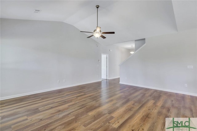 291 Cromer St, Savannah, GA 31407 - unfurnished living room with ceiling fan, vaulted ceiling, wood finished floors, and visible vents