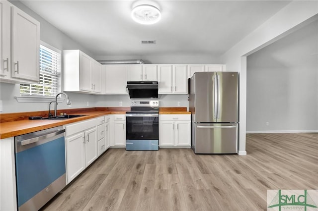 108 Church St, Bloomingdale, GA 31302 - kitchen with appliances with stainless steel finishes, wood counters, white cabinetry, and light wood finished floors