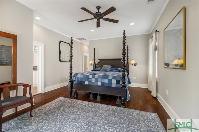 bedroom featuring visible vents, ornamental molding, wood finished floors, baseboards, and recessed lighting