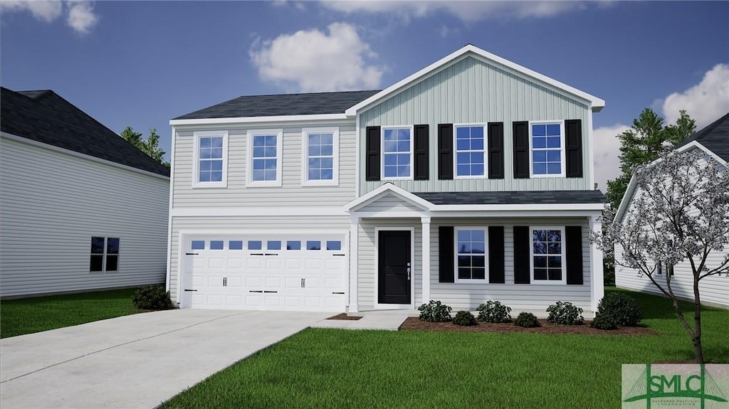 traditional home with an attached garage, a front lawn, board and batten siding, and concrete driveway