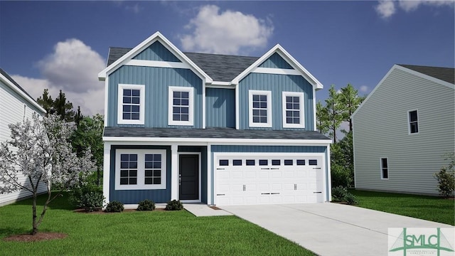 110 Stillhouse Dr, Springfield, GA 31329 - traditional-style home with driveway, a shingled roof, board and batten siding, a front lawn, and a garage