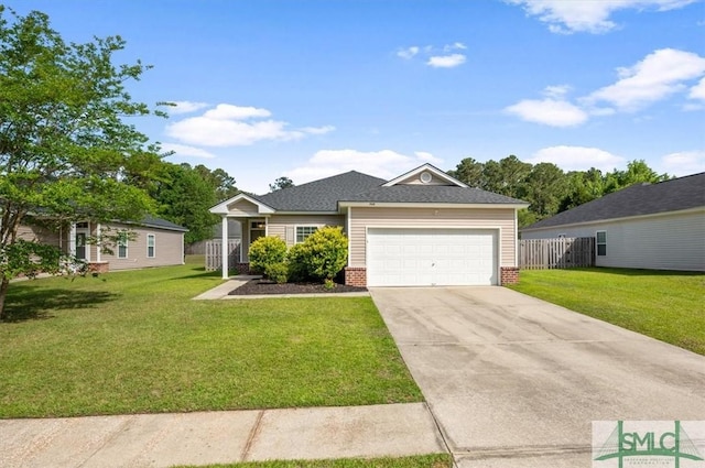 ranch-style home featuring an attached garage, a front lawn, fence, and driveway