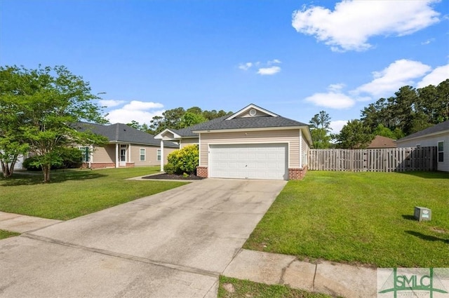 ranch-style home with a garage, a front lawn, fence, and driveway