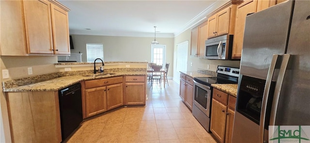 14 Canterbury Rd NE, Ludowici, GA 31316 - kitchen with appliances with stainless steel finishes, a sink, light tile patterned floors, light stone counters, and a peninsula