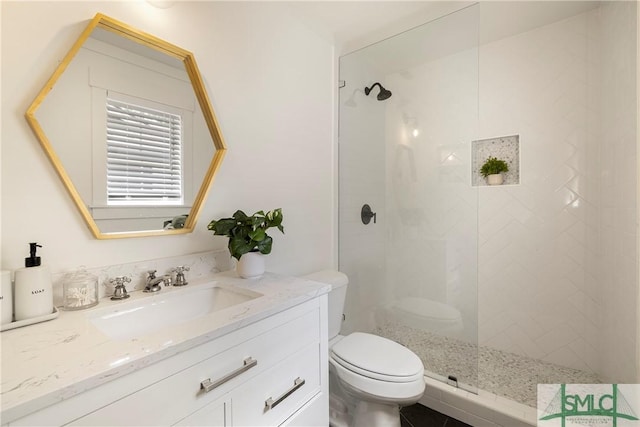 bathroom with vanity, a tile shower, and toilet