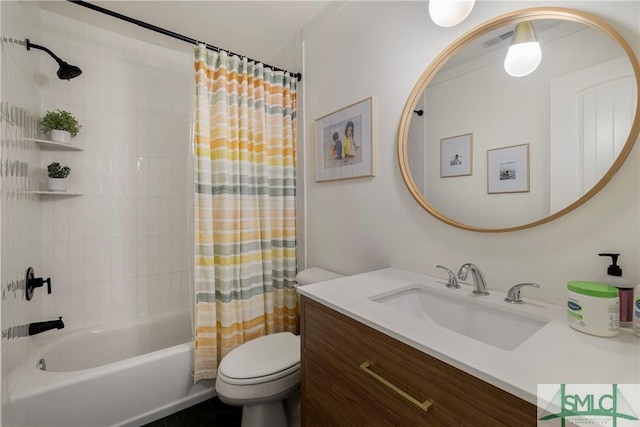full bath featuring toilet, visible vents, shower / bath combination with curtain, and vanity