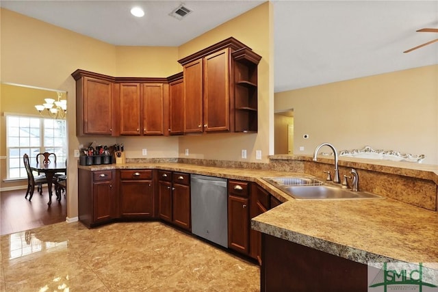 kitchen featuring stainless steel dishwasher, open shelves, visible vents, a peninsula, and a sink