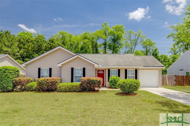 single story home with a garage, fence, driveway, and a front lawn