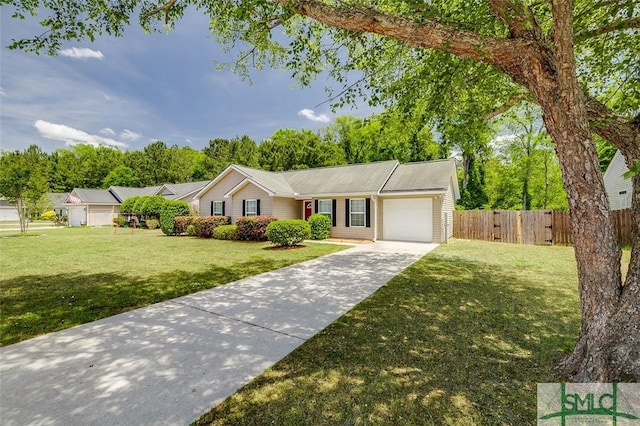 ranch-style home featuring a garage, fence, concrete driveway, and a front lawn