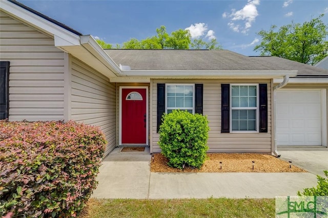 property entrance featuring a garage, roof with shingles, and driveway