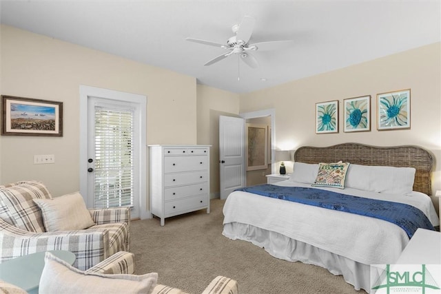 bedroom featuring ceiling fan and light colored carpet