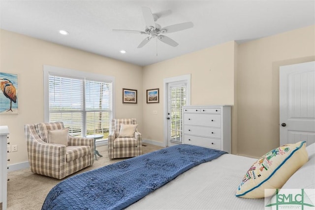carpeted bedroom with baseboards, ceiling fan, and recessed lighting