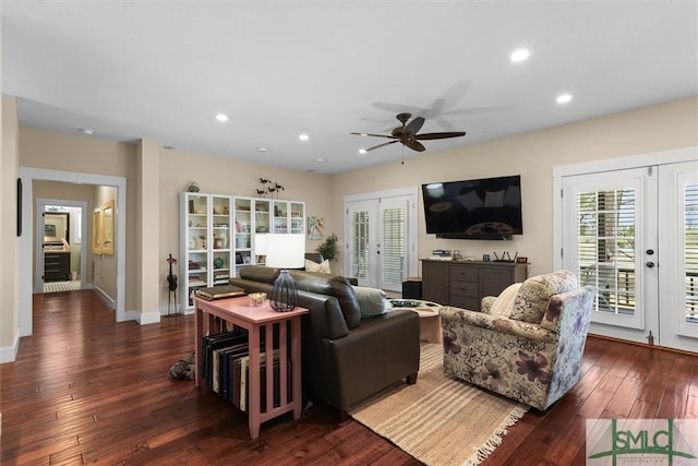 living room with a ceiling fan, recessed lighting, french doors, and dark wood-type flooring