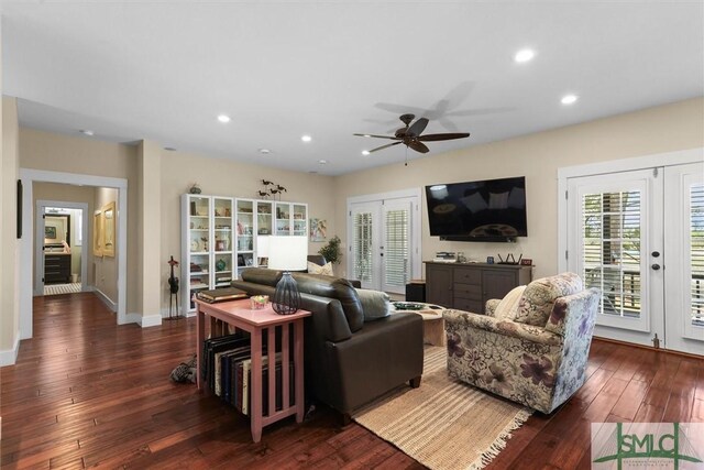 1261 Otter Slide Loop NE, Townsend, GA 31331 - living area featuring french doors, a ceiling fan, dark wood-style flooring, recessed lighting, and baseboards