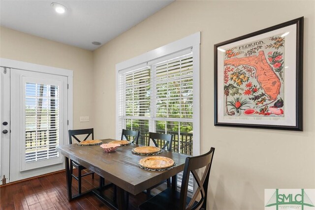 dining area with plenty of natural light and dark wood-style flooring