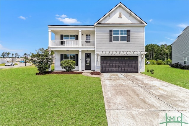 view of front facade with an attached garage, a front lawn, a balcony, and concrete driveway