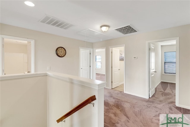98 Westbourne Way, Savannah, GA 31407 - corridor featuring visible vents, attic access, baseboards, and light colored carpet