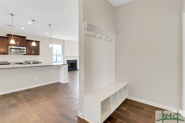 98 Westbourne Way, Savannah, GA 31407 - mudroom featuring visible vents, dark wood-style flooring, a fireplace, baseboards, and recessed lighting