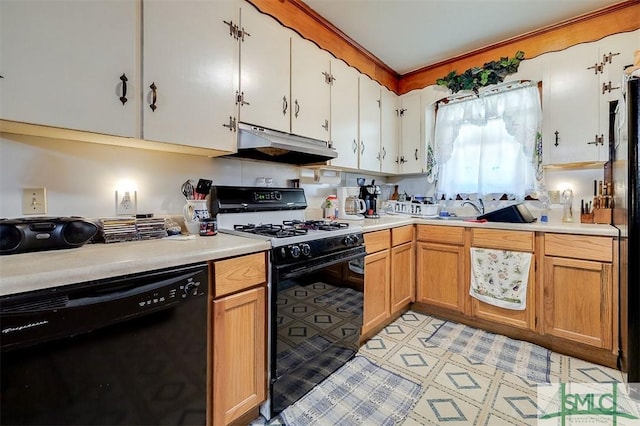 kitchen featuring light countertops, under cabinet range hood, and black appliances